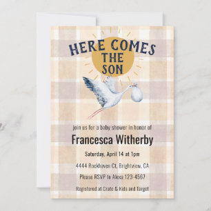 012 Copper Watercolor Plaid Stork Boho Baby Shower Invitation