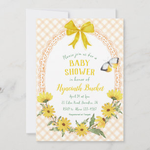 012 Copper Yellow Daisy Bow Gingham Baby Shower Invitation