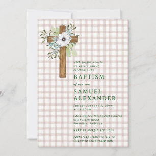 013 Chocolate Brown Greenery Wooden Cross Baptism Invitation