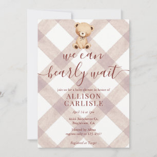013 Chocolate Brown Teddy Bear Gingham Baby Shower Invitation