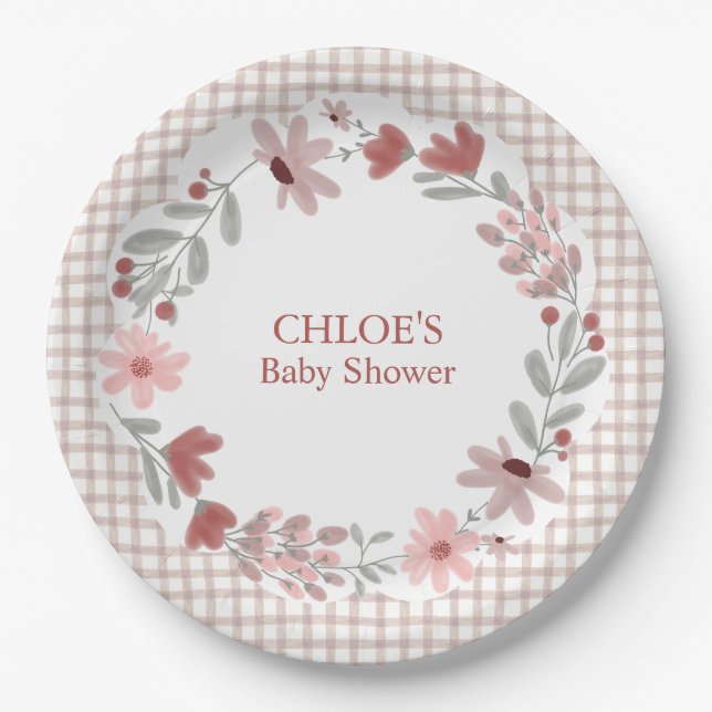 013 Chocolate Brown Wildflower Bow Frame Gingham Paper Plate (Front)