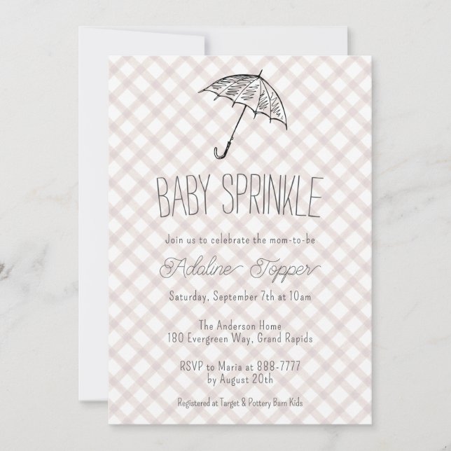 013 Chocolate Umbrella Gingham Baby Sprinkle Invitation (Front)