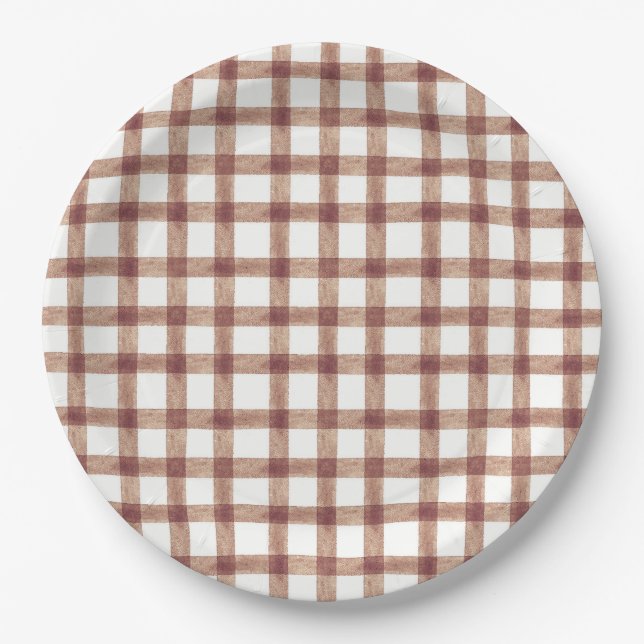 013 Chocolate Watercolor Gingham L Paper Plates (Front)