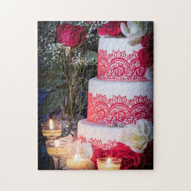 0140-Mariage Gâteau avec anneaux, Puzzle Rose (Vertical)