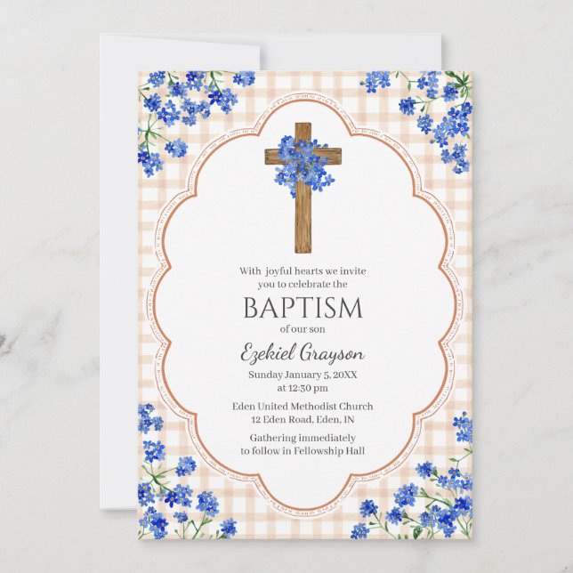 014 Latte Blossom Rustic Cross Design Baptism Invitation (Front)