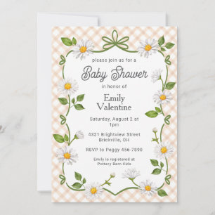 014 Latte Brown Floral Daisy Plaid Baby Shower Invitation