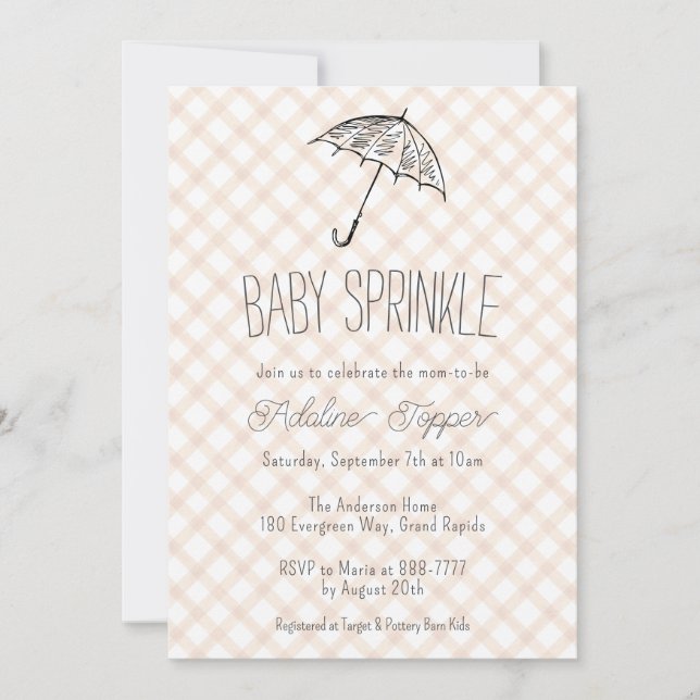 014 Latte Brown Umbrella Gingham Baby Sprinkle Invitation (Front)