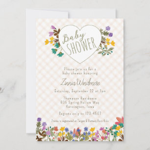 014 Latte Gingham Garden Heart Floral Baby Shower Invitation