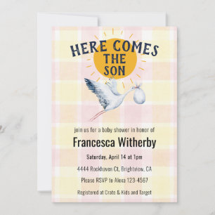015 Lemon 007 Red Plaid Stork Boho Baby Shower Invitation