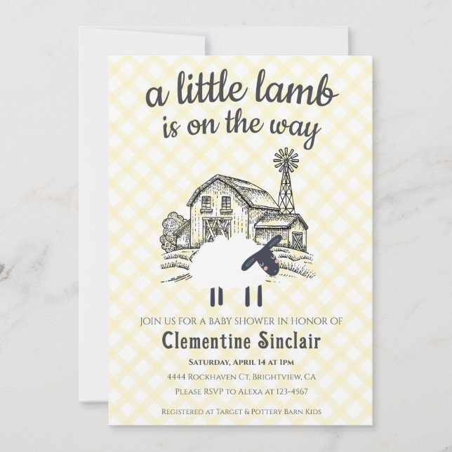 015 Lemon A Little Lamb Farm Plaid Baby Shower Invitation (Front)