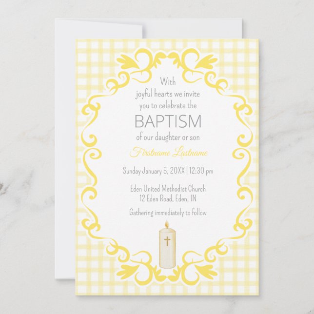 015 Lemon Scroll Gingham Cross Candle Baptism Invitation (Front)
