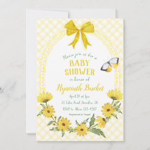 015 Lemon Yellow Daisy Bow Gingham Baby Shower Invitation