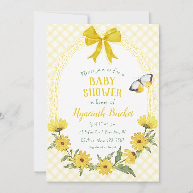 015 Lemon Yellow Daisy Bow Gingham Baby Shower Invitation (Front)