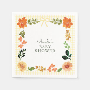 015 Lemon Yellow Floral Gingham Baby Shower Napkin