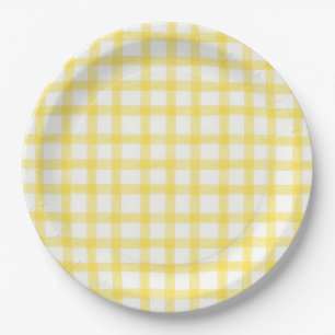 015 Lemon Yellow Watercolor Gingham L Paper Plates