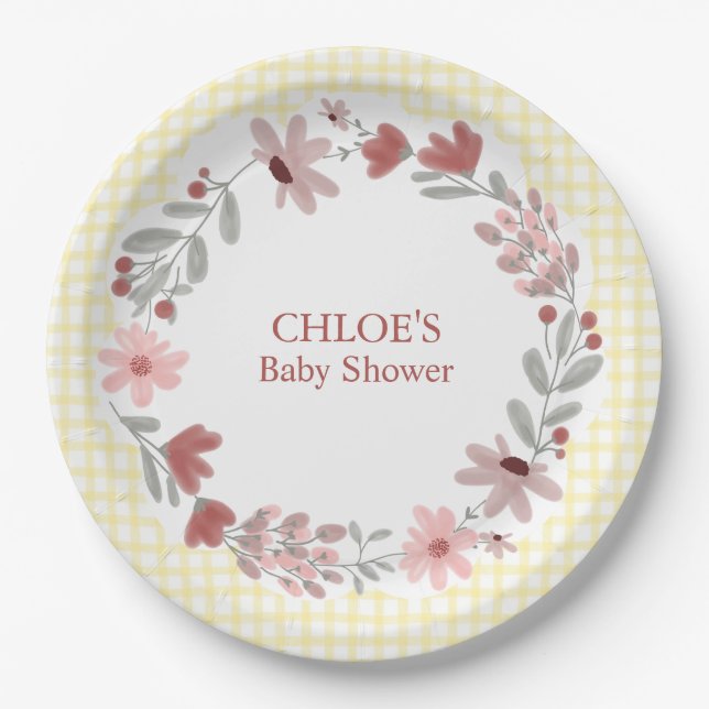 015 Lemon Yellow Wildflower Bow Frame Gingham Paper Plate (Front)