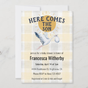 016 Marigold 020 Fog Sun Plaid Stork Baby Shower Invitation