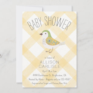 016 Marigold Cute Floral Bird Gingham Baby Shower Invitation