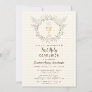 016 Marigold Dove & Chalice Gingham 1st Communion Invitation