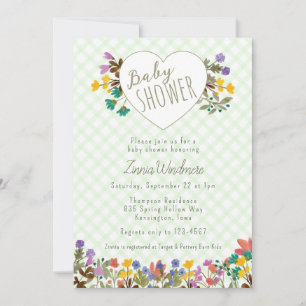 017 Moss Gingham Garden Heart Floral Baby Shower Invitation