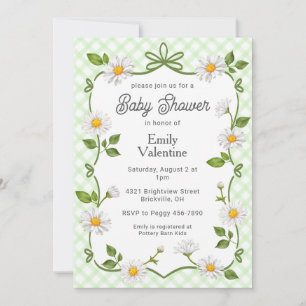 017 Moss Green Floral Daisy Plaid Baby Shower Invitation