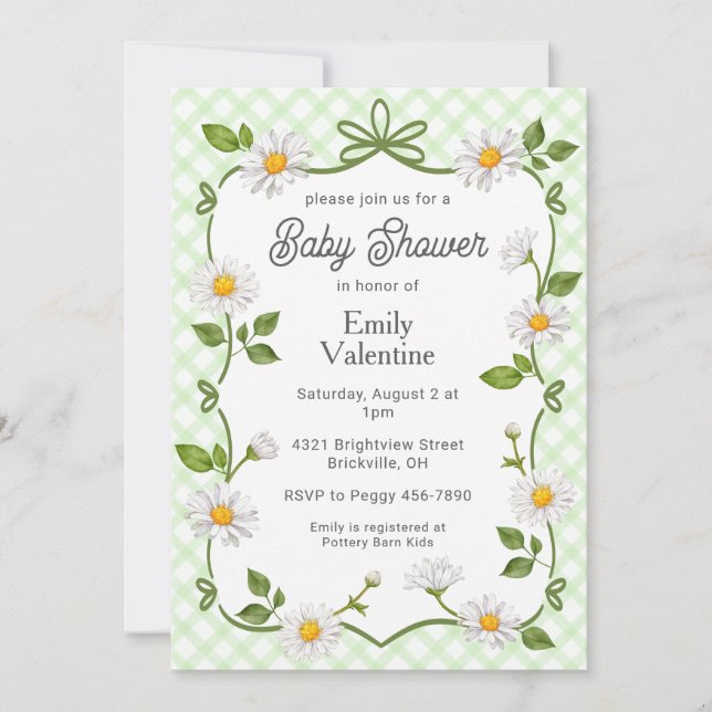 017 Moss Green Floral Daisy Plaid Baby Shower Invitation (Front)