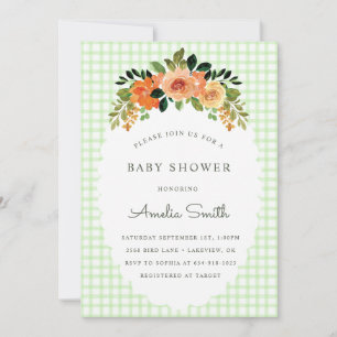 017 Moss Green Gingham Baby Shower Invitations