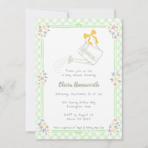 017 Moss Green Gingham Watering Can Baby Shower Invitation