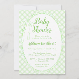 017 Moss Green Heirloom Lace Gingham Baby Shower Invitation