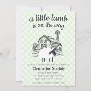017 Moss Green Little Lamb Farm Plaid Baby Shower Invitation