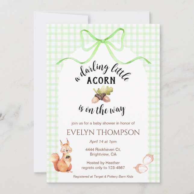 017 Moss Green Squirrel Acorn Gingham Baby Shower Invitation (Front)