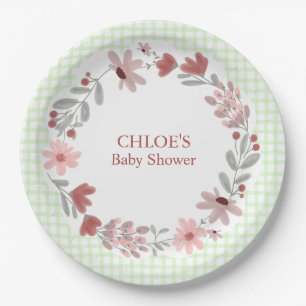 017 Moss Green Wildflower Bow Frame Gingham Paper Plate