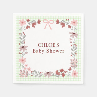 017 Moss Green Wildflower Bow Gingham Shower Napkin