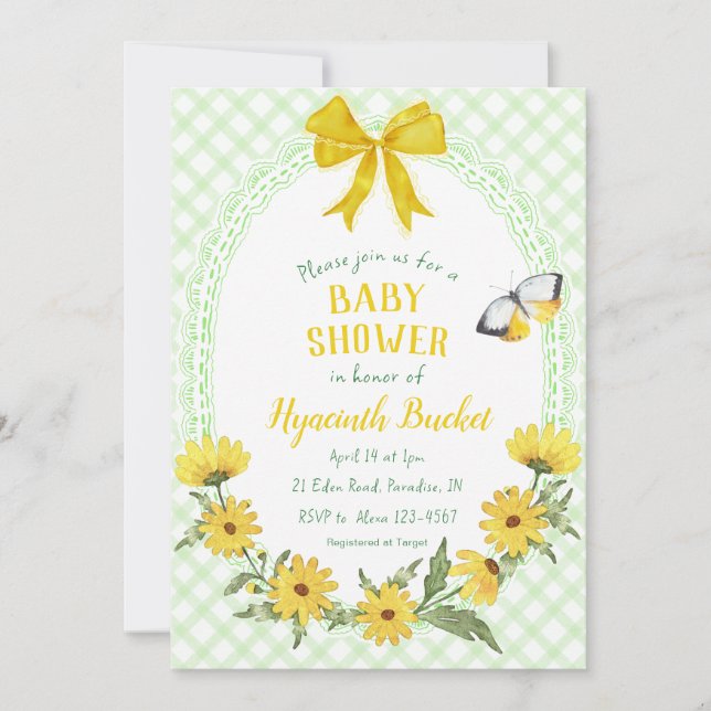 017 Moss Yellow Daisy Bow Gingham Baby Shower Invitation (Front)