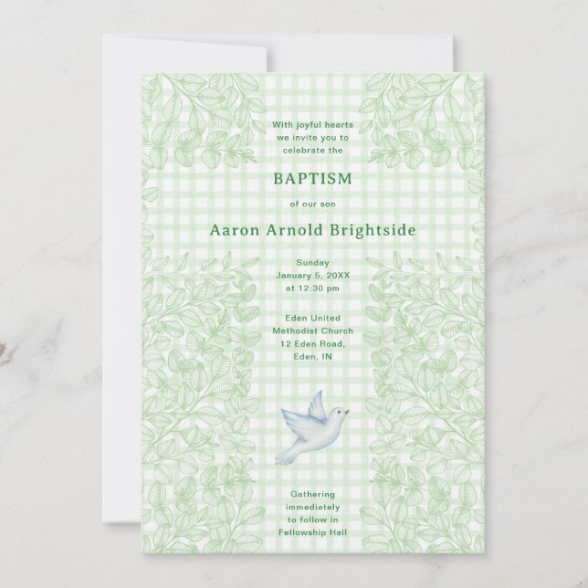 018 Grass Dove Botanical Cross Gingham Baptism Invitation (Front)