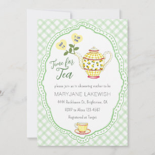 018 Grass Green Cute Gingham Tea Party Baby Shower Invitation