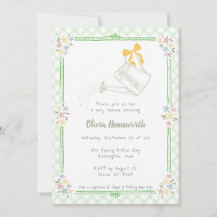 018 Grass Green Gingham Watering Can Baby Shower Invitation