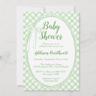 018 Grass Green Heirloom Lace Gingham Baby Shower Invitation