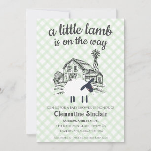 018 Grass Green Little Lamb Farm Plaid Baby Shower Invitation