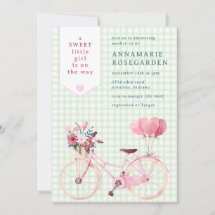 018 Grass Green Sweet Floral Girl Bike Baby Shower Invitation