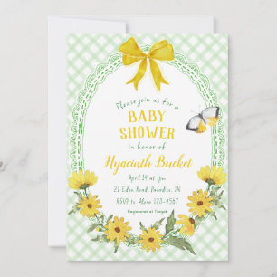 018 Grass Yellow Daisy Bow Gingham Baby Shower Invitation
