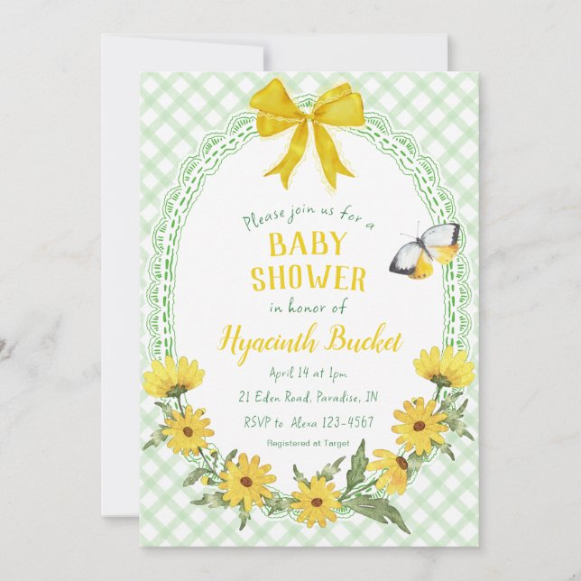 018 Grass Yellow Daisy Bow Gingham Baby Shower Invitation (Front)