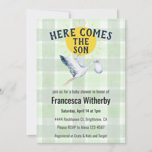 019 Forest Gingham Plaid Stork Boho Baby Shower Invitation (Front)