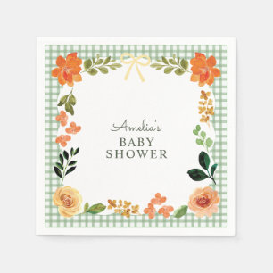 019 Forest Green Floral Gingham Baby Shower Napkin