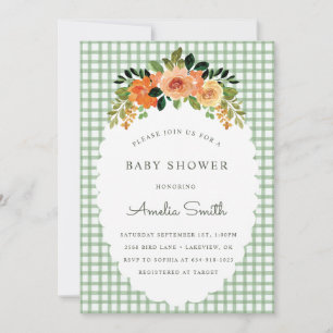019 Forest Green Gingham Baby Shower Invitations