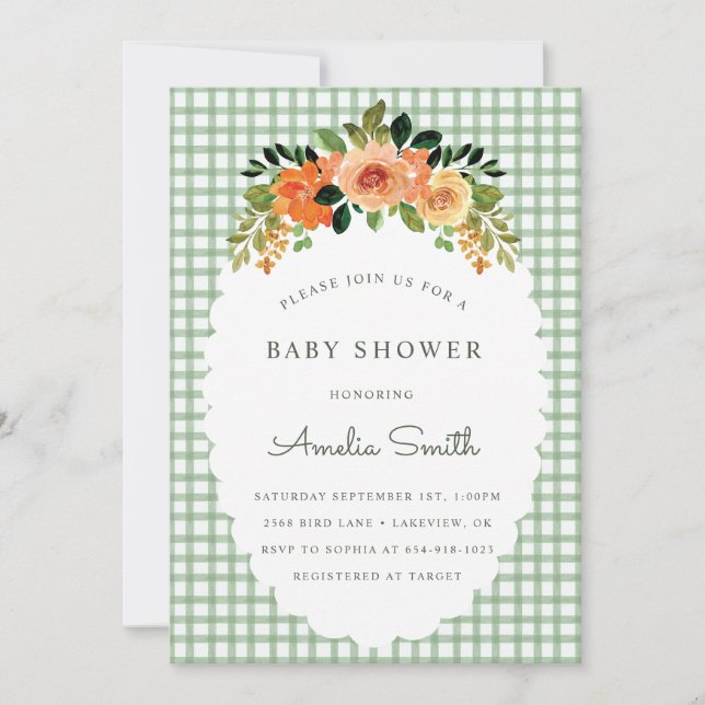 019 Forest Green Gingham Baby Shower Invitations (Front)