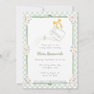 019 Forest Green Gingham Watering Can Baby Shower Invitation