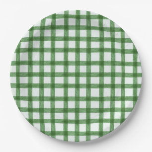 019 Forest Green Watercolor Gingham L Paper Plates
