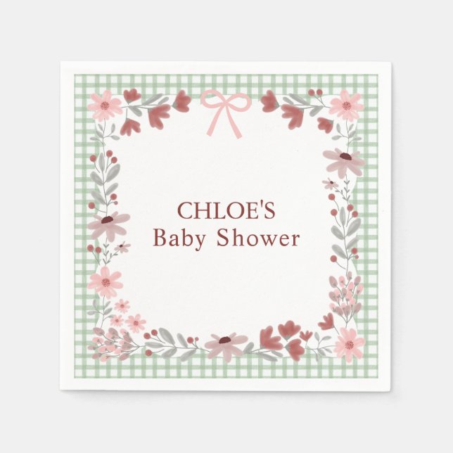019 Forest Green Wildflower Bow Gingham Shower Napkin (Front)
