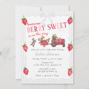 020 Fog Gray Gingham Berry Sweet Farm Baby Shower Invitation